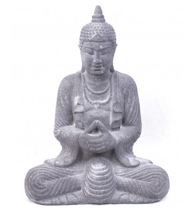 Statua di Buddha in pietra grigia, decorazione asiatica.