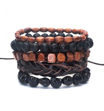 Bracelets assortis tendance mode pour homme cuir bois pierre fine.