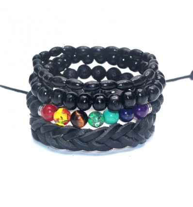 Combo of 4 trendy bracelets for men in leather, wood and gemstones.