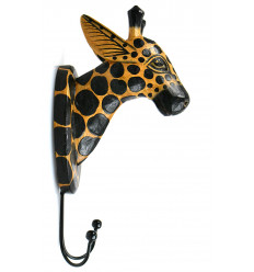Trofeo da parete patère testa di giraffa in legno, decorazione camera animali.