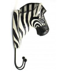 Gancio trofeo da parete a testa di zebra in legno, decorazione della stanza della savana.