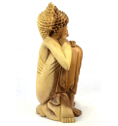 Buddha pensatore. Grande statua di buddha Zen in legno naturale.