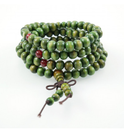 Bracelet Tibétain, Mala en perles de bois 8mm + noeud sans fin. Coloris vert