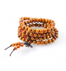 Bracelet Tibétain, Mala en perles de bois 8mm + noeud sans fin. Coloris camel