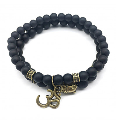 Set of 2 Matte Onyx Bracelets + Om & Buddha Head Charms