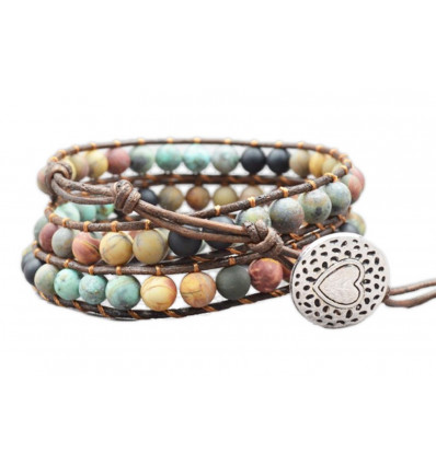 Leather & Natural Stones Cuff Wrap Bracelet - Peace & Serenity