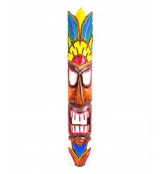 Grand masque tiki 100cm en bois coloré motif plumes. Décoration Hawaï maori.