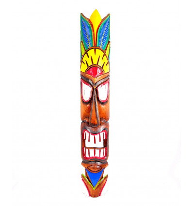 Grand masque tiki 100cm en bois coloré motif plumes. Décoration Hawaï maori.