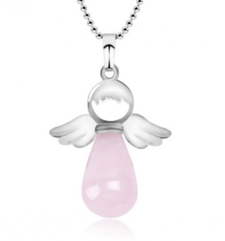 Healing Stone Pink Quartz Natural Crystal Guardian Angel Pendant 