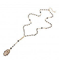 Rosary beads Hand of Fatima gold metal & black beads