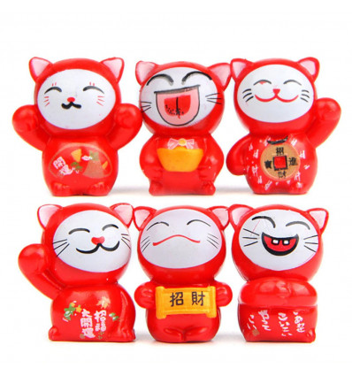 Chats porte-bonheur - Lot de 6 Maneki Neko rouges - Fortune et protection