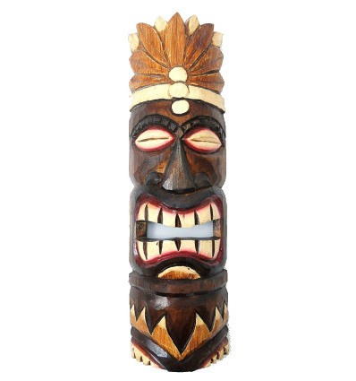 Tiki mask h30cm wood pattern feathers. Deco tribal polynesian.