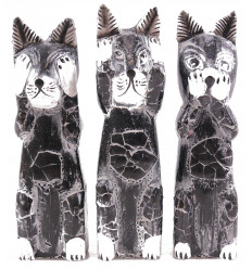 3 black and white cat statuettes in solid wood "secret of happiness"