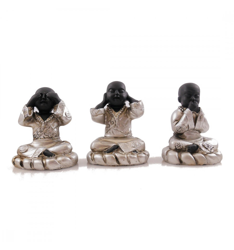 Statue 3  Bouddha chinois rieurs style trois singes de la Sagesse beige 3584 Z4 