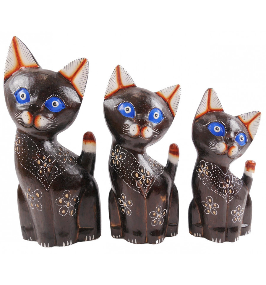 Deco Artisanal 3 Statuettes Chats En Bois Accessoires De Decoration Sculptures