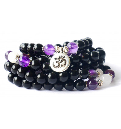 Tibetan mala, 108 black onyx beaded semi-precious stone bracelet