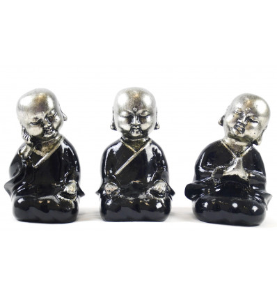Petits moines bouddhistes : statuettes en résine laquée noire et argentée 15cm