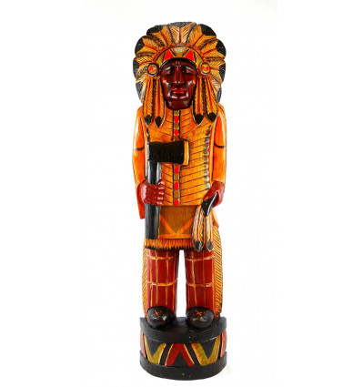 Great staute of chief american indian with headdress and war axe traditional colorful wooden 100cm