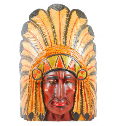 Large chief mask american indian with headdress of feathers - painted wood 50cm