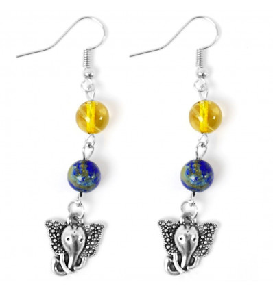 Boucles d'oreilles en Lapis Lazuli et Quartz rutile avec Ganesh
