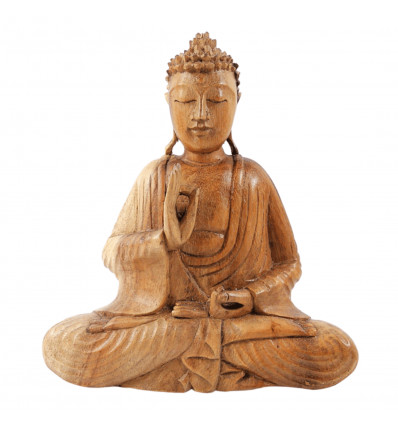 Statuetta di Buddha seduto in legno naturale, mûdra dell'educazione.
