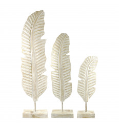 Set of 3 Banana Leaves Carved in Wood Painted White to Weathered 45/65/75cm