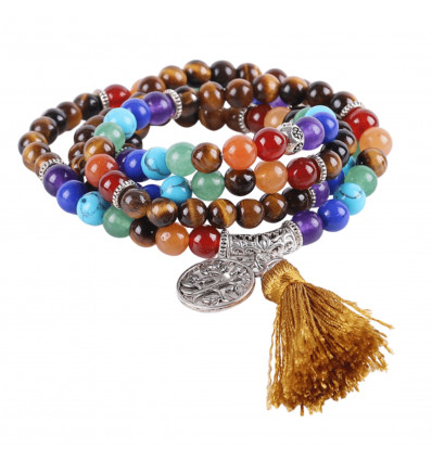 Bracelet multirang 7 chakras, Mala tibétain en Lapis Lazuli et pierres fines, symbole arbre de vie