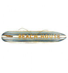 Wall decoration "Beach House" - Decorative surfboard 100cm in blue and white striped wood