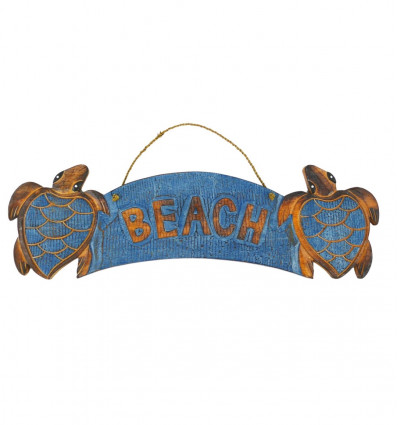 Wooden "Beach" Turtle Wall Deco 50x15cm - Blue front view