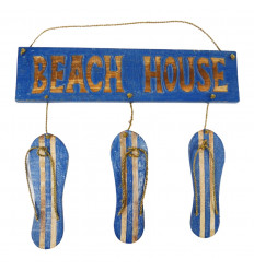 Placca per porta con decoro infradito e scritta "Beach House" - vista frontale colore blu