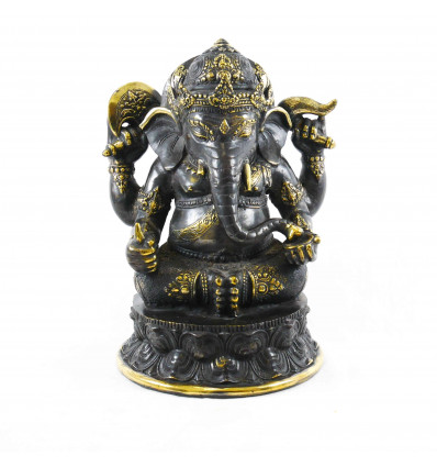 Grande statua di Ganesh in bronzo massiccio 31 cm seduto nella posizione del loto. Pezzo unico
