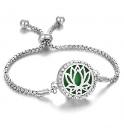 Adjustable Aromatherapy bracelet with fragrance diffuser - Silver Lotus flower motif & rhinestones