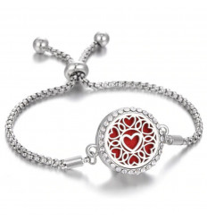 Adjustable Aromatherapy bracelet with fragrance diffuser - Silver hearts & rhinestone motif