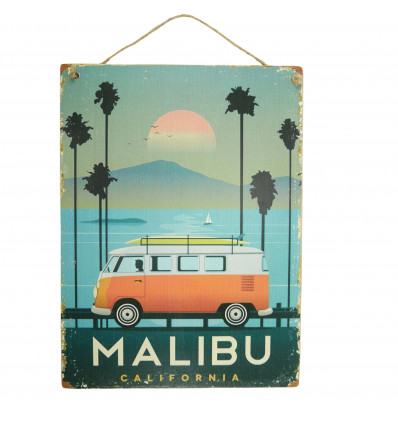 Plaque murale artisanale en bois "Malibu California" 40x30cm