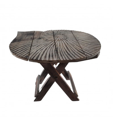Folding shell-shaped stool / side table in carved wood 30cm - Limed brown color