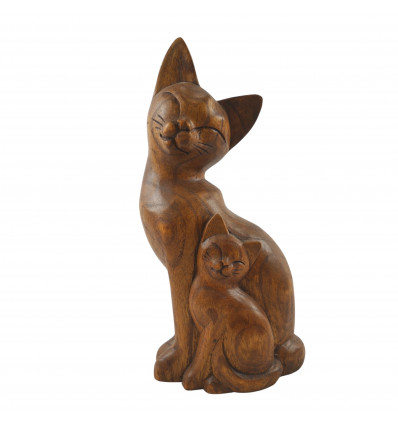 Hand carved stained wooden cats couple statue 32cm