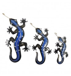 Set di 3 salamandre / gechi blu in ferro battuto artigianali