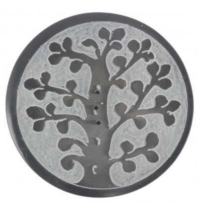 Porta incenso rotondo in bianco e nero in pietra ollare - Simbolo dell'albero della vita