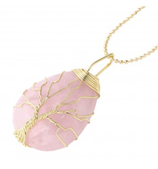 Golden necklace with a drop-shaped ARBRE OF LIFE pendant. Quartz Rose