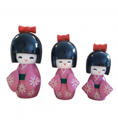 Lot de 3 poupées Kokeshi en bois. Porte bonheur japonais - coloris rose