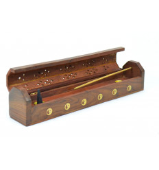 Porte-encens en bois avec rangement / boîte à encens motif Yin Yang.