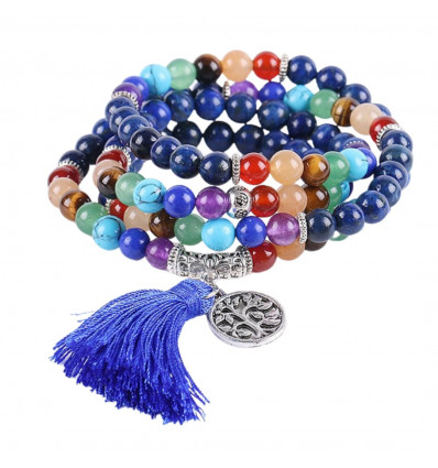 7 chakra multi-strand bracelet, Tibetan Mala in Lapis Lazuli and gemstones, tree of life symbol