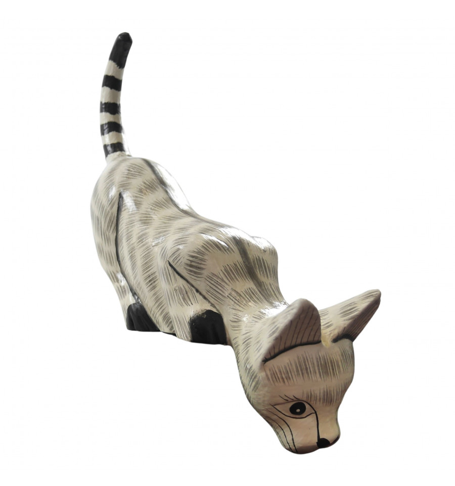 Statue Chat Tigre Blanc Et Gris Sculpte A La Main Objet Deco Bois 32cm