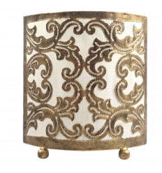 Lampada da comodino orientale in ferro battuto oro e tessuto bianco da 18 cm