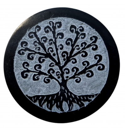 Porta incenso rotondo nero e grigio in pietra ollare - Radici simbolo albero della vita
