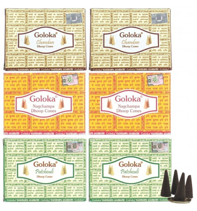Assortimento di incenso "Top 3 Goloka" 60 coni / 3 gusti: Patchouli, Sandalo e Nag Champa