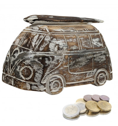 Piggy bank Combi - Wooden Van Vintage style. Colour Brown cerusé