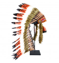Long indian head adorned with real white feathers and orange 