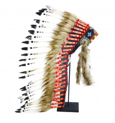 Long indian head adorned with real white feathers and orange