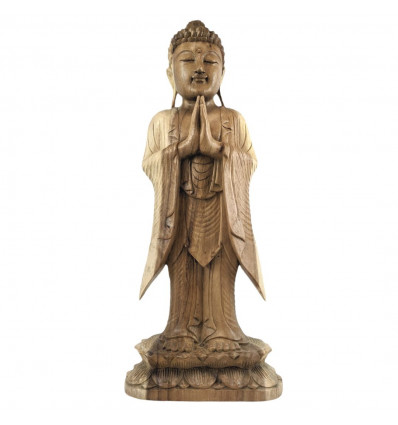 Grande statua di Buddha in piedi 60 cm - Mudra Anjali intagliato a mano in legno massello grezzo
